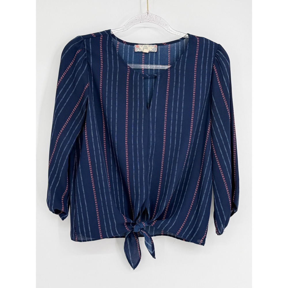 Pink Rose Vintage Navy Blue Striped Tie Front Split Neck Blouse Top Sz M